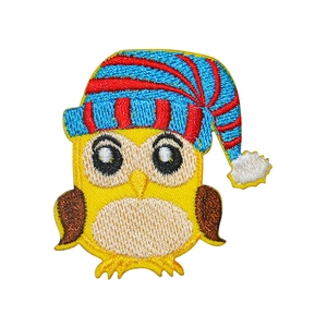 Detailed cartoon owl embroidery patch with striped beanie hat for DIY clothing decor