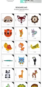 Size chart showing 18 animal embroidery patches dimensions like lion and panda in cm