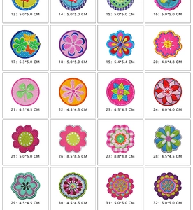 Detailed grid view showing various flower embroidered patches with dimensions and patterns