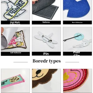 Detail of embroidered patch backing options including iron-on, velcro, and pins