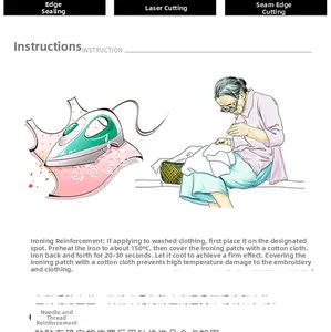 Guide for cartoon embroidery patch iron-on process with 150 degree Celsius instructions