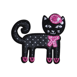 Cartoon black cat embroidery patch with pink bow and white polka dots for DIY clothing décor