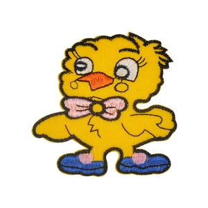 Cute yellow cartoon chick embroidery patch with pink bow and blue shoes for DIY crafts