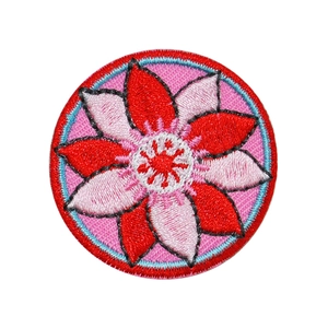 Detailed circular floral embroidery patch with red flower design for clothing DIY