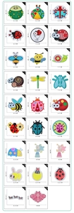 Detailed size chart for assorted insect embroidery patches including bees and ladybugs