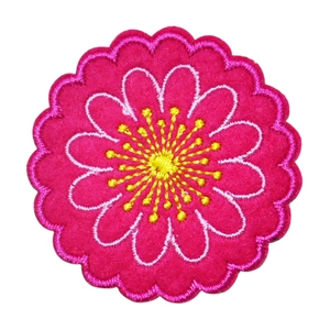 Round floral rose pink embroidery patch with yellow stamens and white edges for DIY clothing