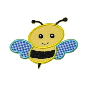Vibrant cartoon bee embroidery patch with yellow thread and blue checkered fabric wings