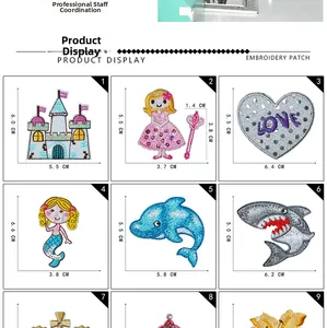 Size chart for cartoon embroidery patches showing dimensions for castle and mermaid designs