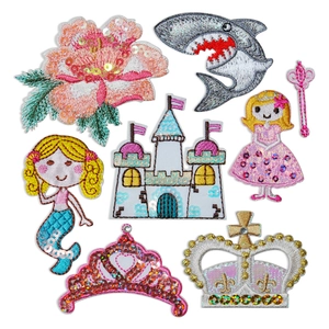 Cartoon Sequin Embroidery Patch Castle Princess Mermaid Dolphin Shark Crown Flower DIY Iron On Applique For Clothing Bags