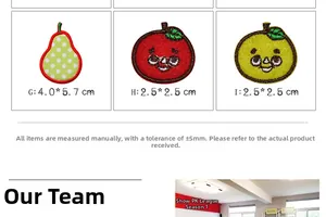 Size guide for cartoon apple and pear embroidery patches with dimensions in centimeters