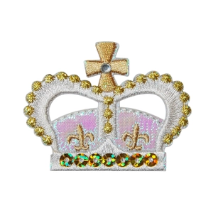 Sparkling crown embroidery patch with sequins and iridescent metallic thread decoration