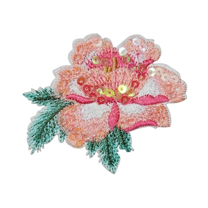 Exquisite floral embroidery patch with pink petals and shiny yellow sequins for clothing