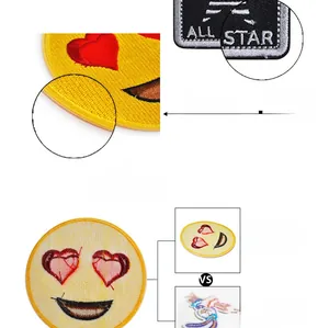 Detail view of cartoon embroidery patch showing hot melt adhesive backing and precision edges
