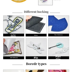 Detail view of six backing options for cartoon patches including iron-on and velcro