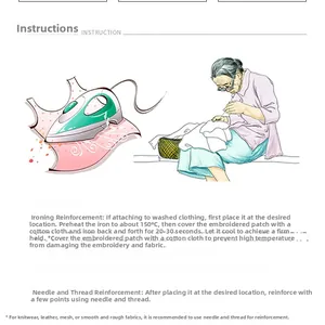 Instruction guide for applying embroidered apple patches via ironing and sewing methods
