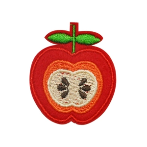 Cartoon apple slice embroidery patch with red fruit and green leaf for DIY clothing decor