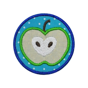 Cartoon apple embroidery patch with blue polka dot background for clothing DIY crafts