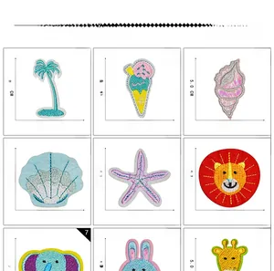 Detailed grid showing nine assorted animal and nature embroidery patches with measurements