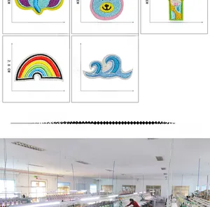 Detailed view of rainbow embroidery patches with precise measurement dimensions
