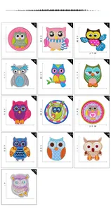 Detailed grid of owl embroidery patches with specific size measurements for clothing