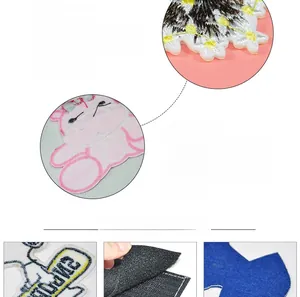 Detail of owl and cartoon embroidered patches showing iron-on backing and stitching quality