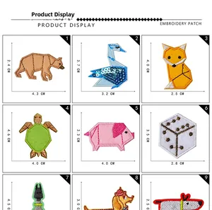 Size guide for geometric animal embroidery patches showing dimensions for DIY craft kits