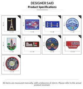 Detailed size chart for 9 embroidered patches with dimensions in centimeters and scale info