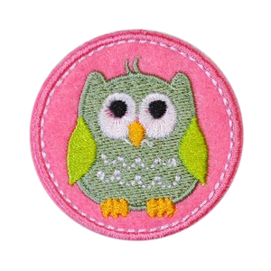 Round cartoon owl embroidered patch with pink background and green wings for clothing