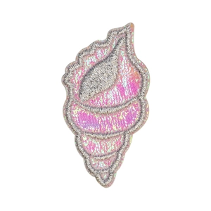 Pink glitter seashell embroidery patch with silver stitching for DIY clothing decor