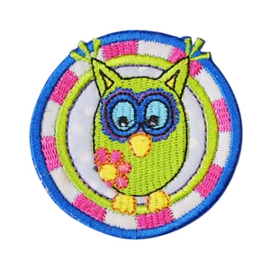 Round owl embroidery patch with colorful cartoon design and pink floral details