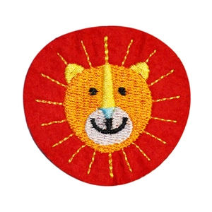 Cartoon lion embroidery patch on red felt background for DIY clothing and bags decor