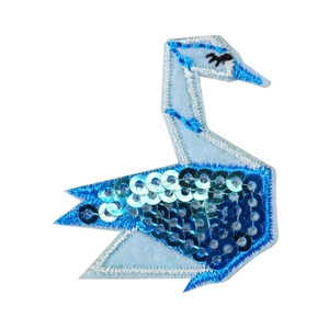 Cartoon origami swan embroidery patch with blue sequins for DIY clothing decoration