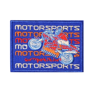 Embroidered blue motorsports racing patch for motorcycle apparel and accessory repair