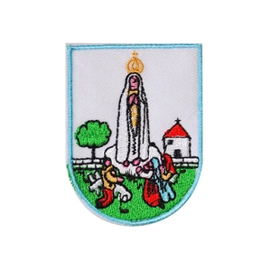 U-shaped shield embroidery patch featuring religious Virgin Mary scene and blue border
