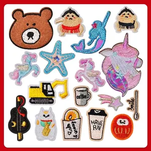 Cartoon Unicorn Embroidered Patch Set For Clothing Iron On Cloth Sticker DIY Sewing Applique Excavator Bear Coffee Patch Applique
