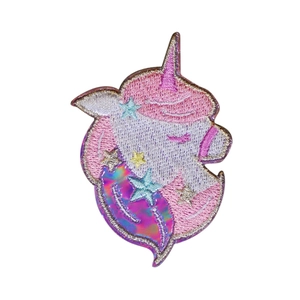 Pink unicorn embroidery patch with laser iridescent details and purple border trim
