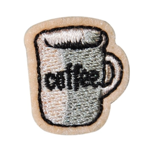 Minimalist embroidered coffee cup patch with coffee text for DIY apparel decor