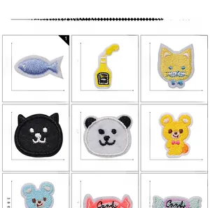 Grid view showcasing varied cartoon embroidery patches with precise size measurements
