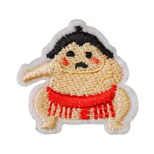 Cartoon sumo wrestler embroidered patch with red mawashi and black topknot for DIY clothing