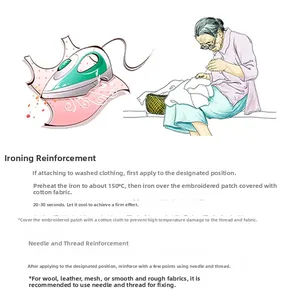 Guide for iron-on embroidery patches with 150°C temperature and sewing instructions