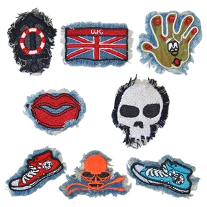 Denim Embroidery Patch Frayed Edges Skull Lips UK Flag Iron On Patches For Clothing DIY Rock Street Style Accessories