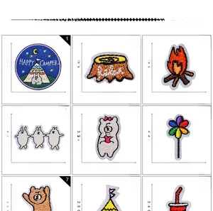 Detailed chart showing 9 camping themed cartoon embroidery patches with precise sizes