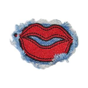 Embroidered red lips patch with frayed blue denim edges for clothing decoration