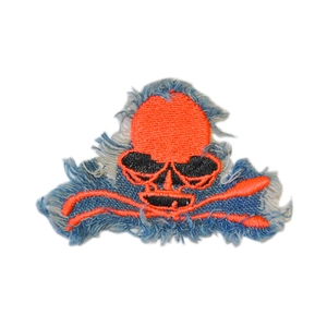 Denim skull patch with orange sunglasses and frayed edges for clothing DIY