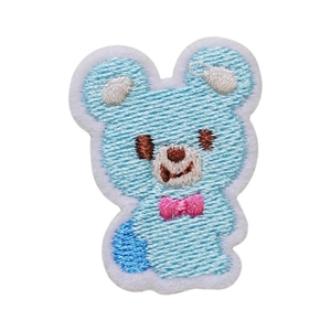 Light blue teddy bear embroidered patch with pink bow tie on a plain white background