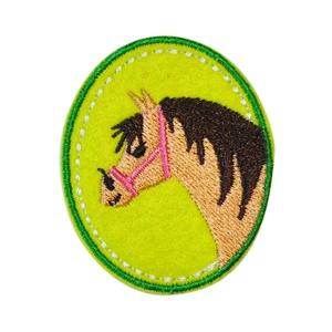 Écusson brodé tête de cheval avec crinière brune et feutre vert citron pour vêtement