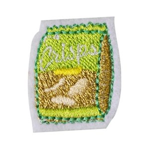 Embroidered green potato chip bag patch with Crisps text on white background