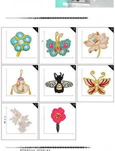 Detailed grid view of assorted flower, butterfly, and bee embroidery patches with sizes