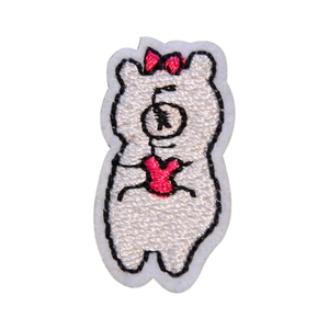 Cute white teddy bear embroidery patch with pink bow and heart for DIY clothing