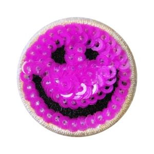 Pink sequin smiley face embroidery patch with gold border for DIY clothing decor